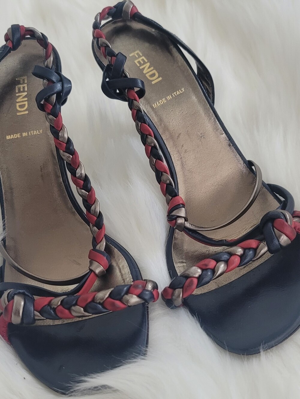 Fendi Black Leather Braided-Strap Slingback Heels with Red and Metallic Braiding